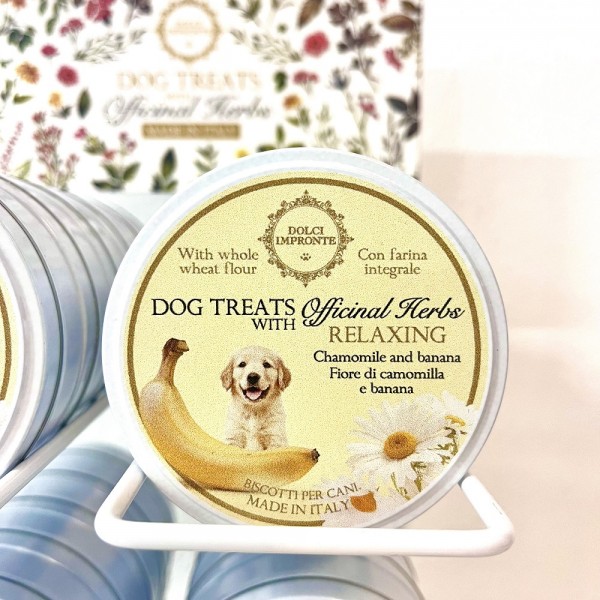 Dolci Impronte - Dog Treats Herbal - Package of 12 Tin Boxes 40g - Relaxing with chamomile flowers and banana